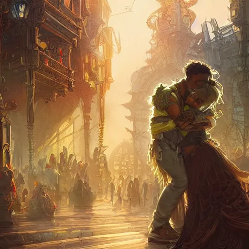 Prompt: a young couple hugging each other in a solarpunk city, D&D, fantasy, intricate, elegant, highly detailed, digital painting, artstation, concept art, matte, sharp focus, illustration, hearthstone, art by Artgerm and Greg Rutkowski and Alphonse Mucha