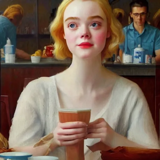 Prompt: Elle Fanning at a diner, head and shoulders portrait, stormy weather, extremely detailed masterpiece, Roger Deakin’s cinematography, oil on canvas, Norman Rockwell,