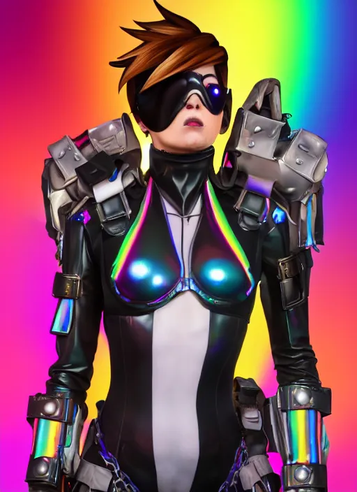 Image similar to full body digital artwork of tracer overwatch, wearing black iridescent rainbow latex, 4 k, expressive happy smug expression, makeup, in style of mark arian, wearing detailed black leather collar, wearing chains, black leather harness, leather cuffs around wrists, detailed face and eyes,