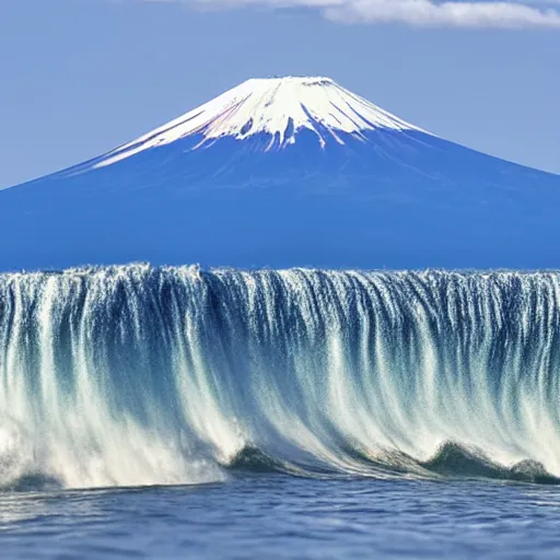 Image similar to Photo of a Giant Wave with mount fuji in the background, wave larger than mount fuji, mount fuji in the distance, highly detailed