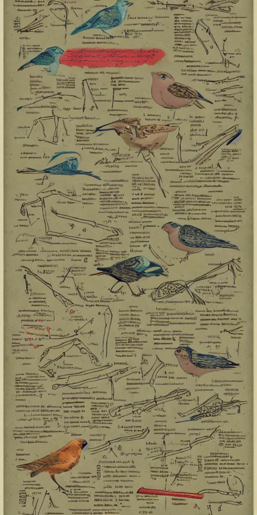 Image similar to anatomy of a bird, diagrams, map, marginalia, sketchbook, old script, inhabited initials, pastel infographic by Wes Anderson and victo ngai