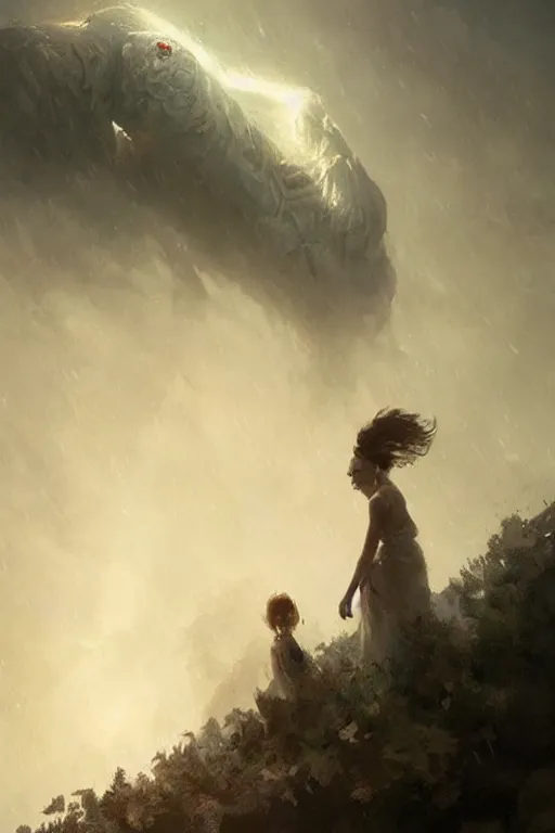 Image similar to a beautiful terrifying pale humanoid giant looms over a tiny human. ethereal fantasy art by greg rutkowski