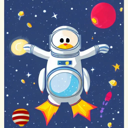 Prompt: cute astronaut penguin, floating on space, disney style, 8 k