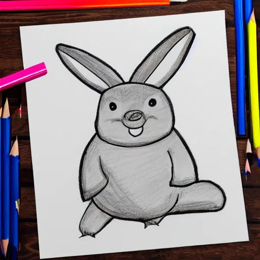 Prompt: schematic drawing of big chungus with pencils and triangle ruler lying next to the drawing