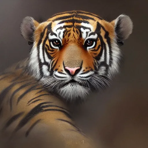 Image similar to a aesthetic award winning commission portrait of a cute baby anthro tiger wearing military uniform,digital art,art by greg rutkowski,art germ,charles bowater,trevor henderson,detailed beautfiul face,photorealistoc,hyperdetailed,dramatic,artstation,deviantart,professional lighting,beautiful face,cub,wholesome