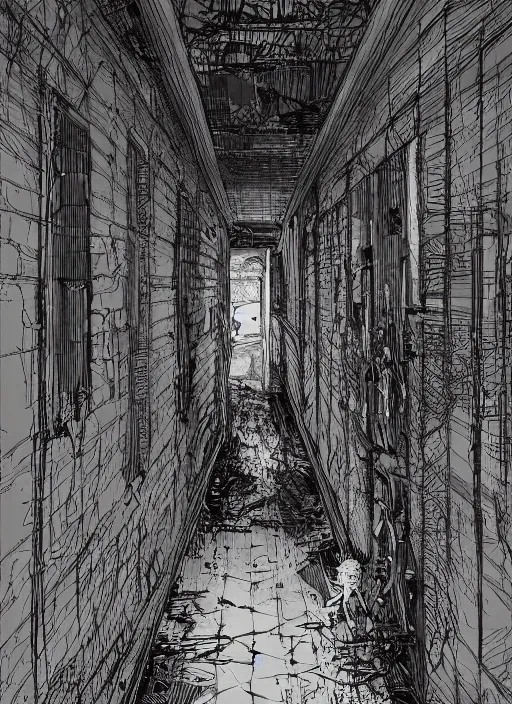 Prompt: interior of a haunted school corridor with ghots, art style by kim jung gi, au naturel, hyper detailed, digital art, trending in artstation, behance, deviantart