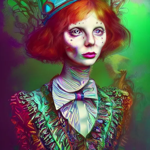 Prompt: an extremely psychedelic portrait of alice in wonderland, surreal, lsd, face, detailed, intricate, elegant, lithe, highly detailed, digital painting, artstation, concept art, smooth, sharp focus, illustration