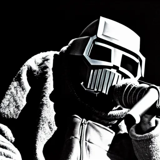 Prompt: mf doom rapping on stage in front of a large crowd, cinematic shot, detailed photography