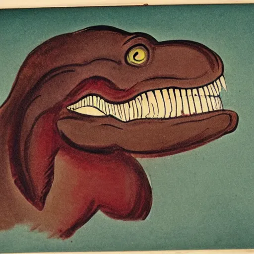 Image similar to 1940s children's book illustration of a Tyrannosaurus rex