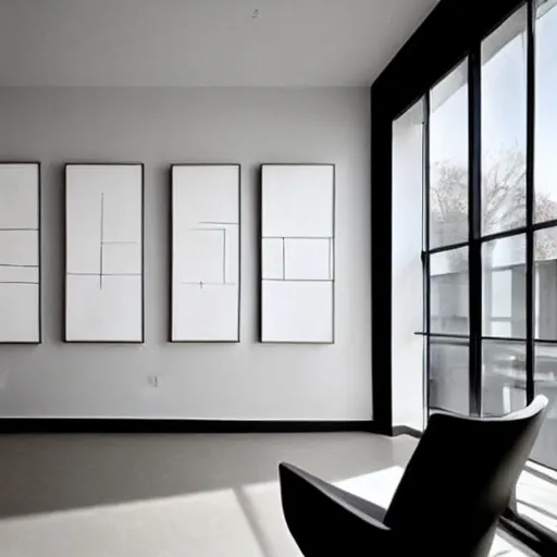 Prompt: : abstract paintings on wall in white art studio with modern architecture