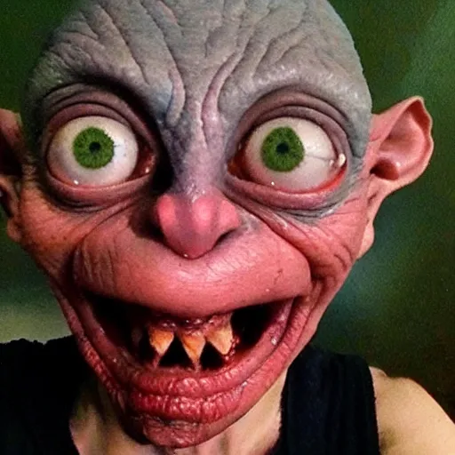 Image similar to Gollum with red eyes smoking blunt selfie