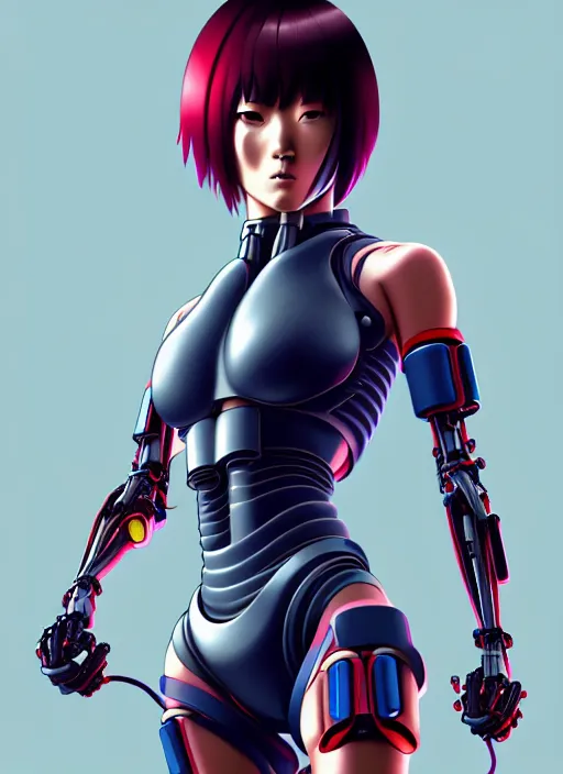 Prompt: color digital pen lineart sketch of athletic half biomechanical motoko kusanagi connected to many cables, wires, inputs, outputs, by gnomon, by ilya kuvshinov, trending on pixiv fanbox, by weta digital, octane render