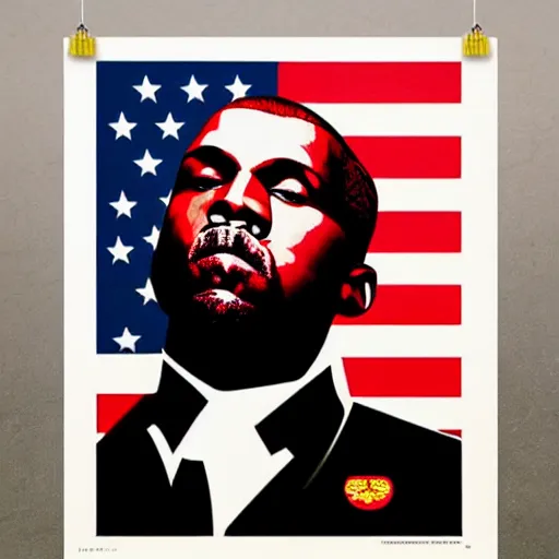 Image similar to Russian Propaganda Soviet screen-print shepard fairey illustrated poster of Kanye West as President standing in front of a USA America flag