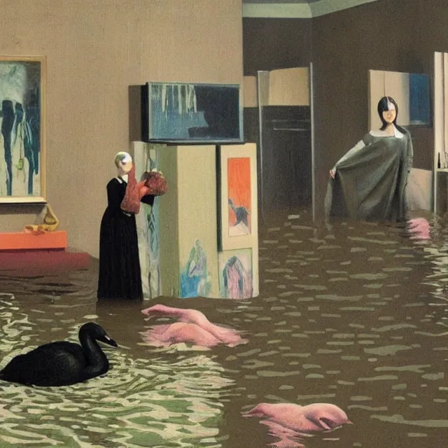 Prompt: tall female emo artists in their flooded apartment, painting of flood waters inside an artist's home, a river flooding indoors, pomegranates, pigs, ikebana, water, octopus, river, rapids, waterfall, black swans, canoe, berries, acrylic on canvas, surrealist, by magritte and monet