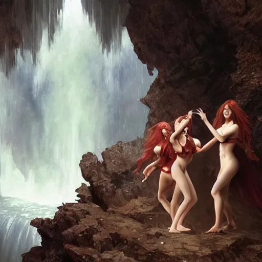 Image similar to an extremely detailed portrait of four polyamorous red haired succubuses dancing while hiding from a thunderstorm in a cave behind a waterfall, epic fantasy, viewed in profile from far away, sharp focus, detailed face, art by greg rutkowski and alphonse mucha, volumetric lighting, 4 k resolution, trending on artstation, masterpiece