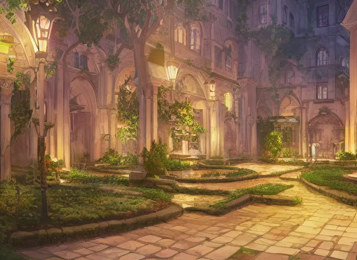 Prompt: environmental illustration of a cloister garden in a late renaissance city at night | | anime key visual, official media, illustrated by wlop, extremely detailed, 8 k, trending on pixiv, cinematic lighting, beautiful