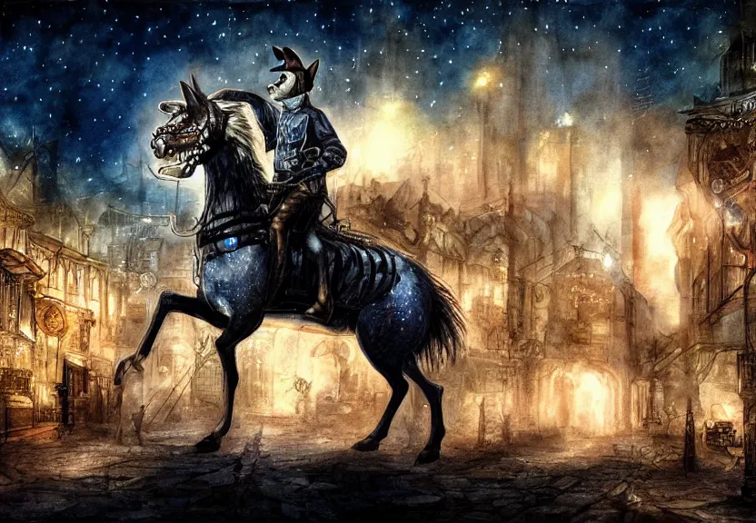 Prompt: possum riding a horse through a steampunk city at night under a dark starred sky, dark fantasy, digital art, watercolor, high detail, dreaming illusion