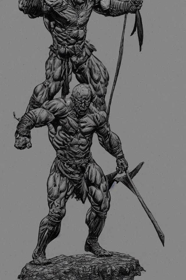 Prompt: full-length figure of a muscular warrior,in the style of Bernie Wrightson