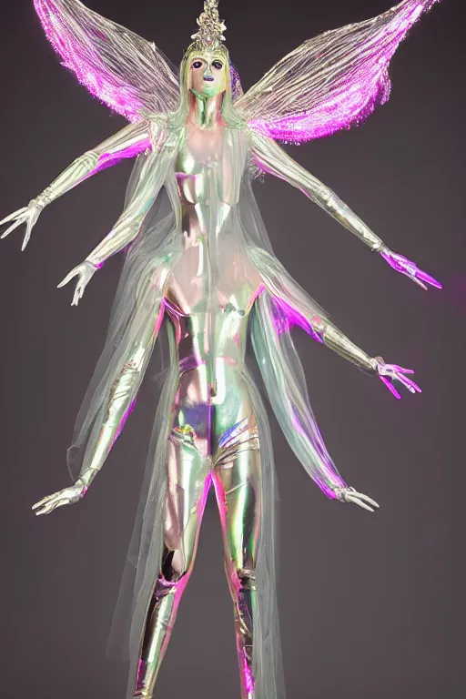 Image similar to full-body rococo and cyberpunk delicate crystalline sculpture of (((muscular slender Spanish male))) as an iridescent humanoid deity wearing a thin see-through ((plastic hooded cloak)) sim roupa, reclining con (las piernas abiertas), glowing pink face, crown of (((white lasers))), large diamonds, swirling black silk fabric. futuristic elements. oozing glowing liquid, full-length view. space robots. (((human skulls))). throne made of bones, intricate artwork by caravaggio. Trending on artstation, octane render, cinematic lighting from the right, hyper realism, octane render, 8k, depth of field, 3D