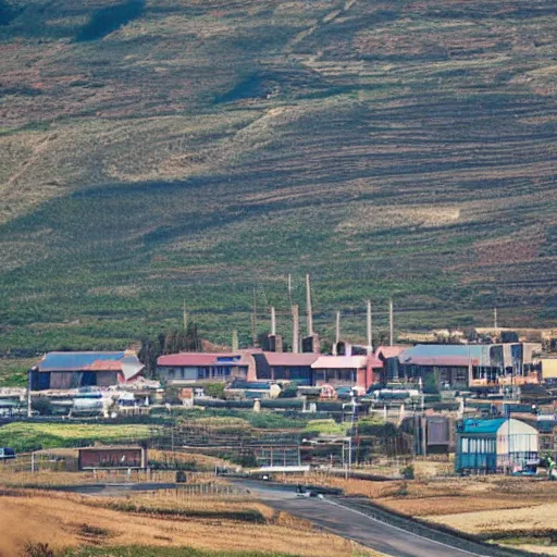 Image similar to a road next to warehouses, and a hill background with a radio tower on top, 3 0 0 mm telephoto lens