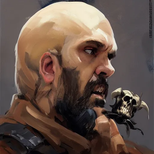 Image similar to greg manchess portrait painting of the hound from game of thrones holding a skull as overwatch character, medium shot, asymmetrical, profile picture, organic painting, foggy day, matte painting, bold shapes, hard edges, street art, trending on artstation, by huang guangjian and gil elvgren and sachin teng