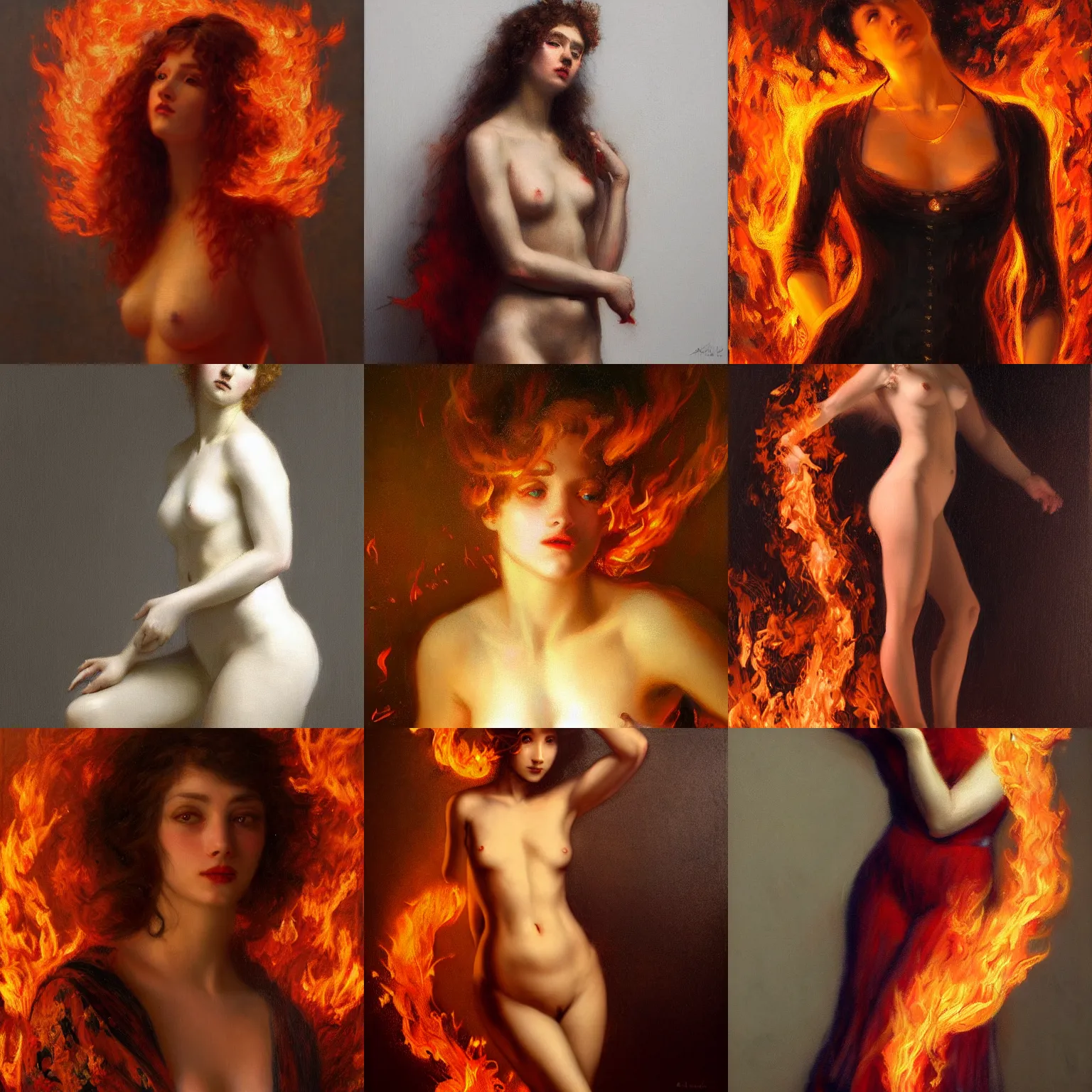 Prompt: a very beautiful full body portrait of a lady on fire by charles amable lenoir, highly detailed, intricate, sharp focus, award winning art, trending on artstation