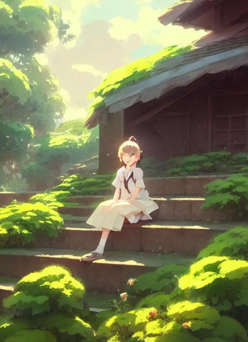 Image similar to girl sitting on a stair where there is an arched shed above, many green plant and flower gowing on it, illustration concept art anime key visual trending pixiv fanbox by wlop and greg rutkowski and makoto shinkai and studio ghibli