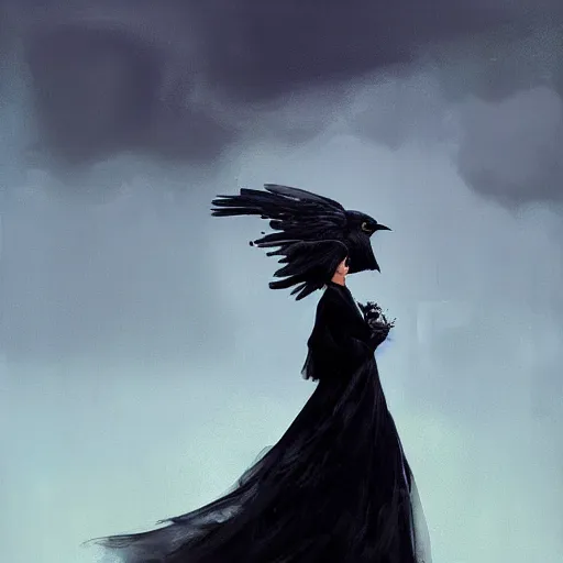 Image similar to morning, a woman in a black dress with a raven head. no face. sun, cinematic, clouds, vogue cover style, contracting colors mood, realistic painting, intricate oil painting, high detail, figurative art, poster art, by simon bisley, ismail inceoglu, wadim kashin, filip hodas. pixar theme.