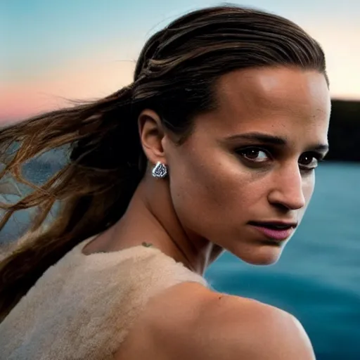 Image similar to alicia vikander. facing away from us. watches sunset. perfect anatomy. meticulous detail