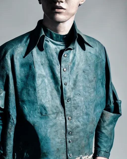 Prompt: an award - winning photo of a male model wearing a baggy teal distressed medieval leather menswear camp collar shirt by issey miyake, 4 k, studio lighting, wide angle lens