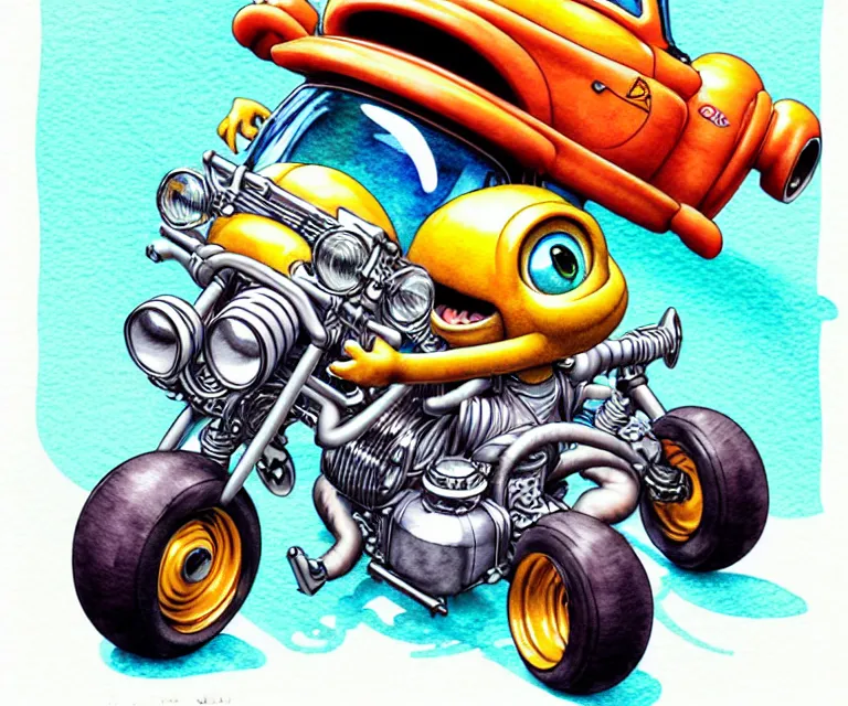 Image similar to cute and funny, monkey : : wearing a helmet : : riding in a tiny hot rod with oversized engine, ratfink style by ed roth, centered award winning watercolor pen illustration, isometric illustration by chihiro iwasaki, edited by range murata, tiny details by artgerm, symmetrically isometrically centered