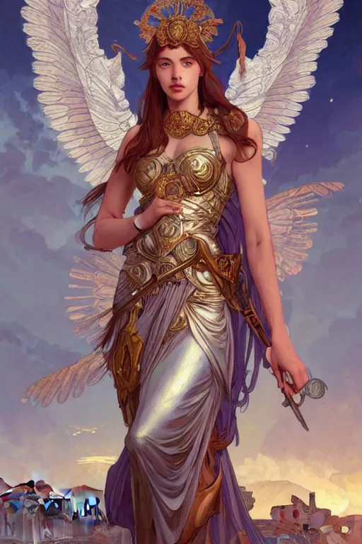 Image similar to portrait goddess athena with wings, in ruined Agora of Athens Sunrise, ssci-fi and fantasy, intricate and very beautiful and elegant, highly detailed, digital painting, artstation, concept art, smooth and sharp focus, illustration, art by tian zi and WLOP and alphonse mucha