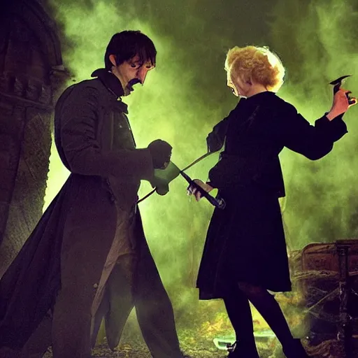 Prompt: professor lupin and breanne of tarth having a rap battle in hell, gothic, whimsical