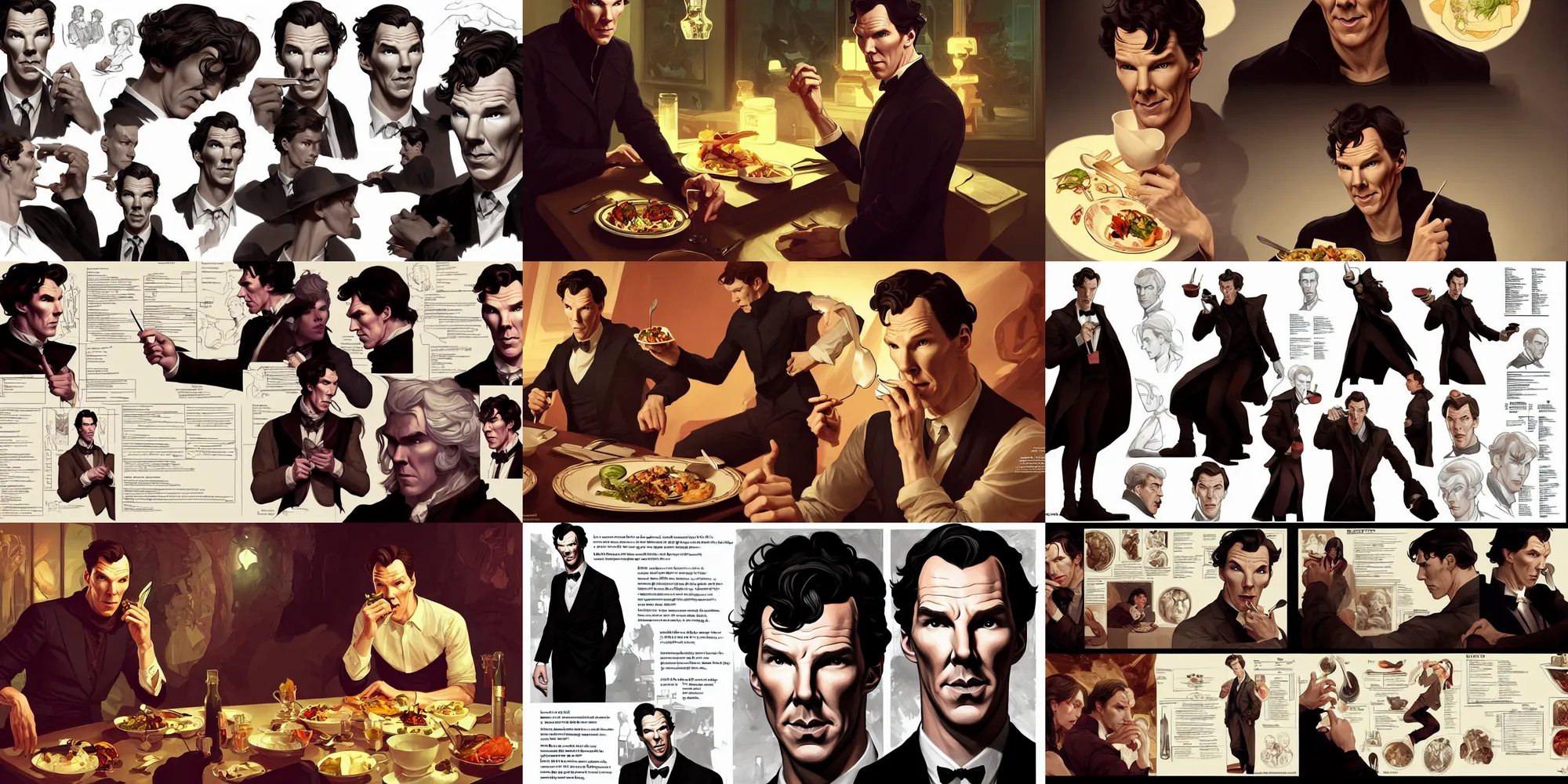 Prompt: benedict cumberbatch eating dinner, character sheet, character design, contrast, deep focus, turnaround, highly detailed, dramatic lighting, digital painting, artstation, concept art, matte, sharp focus, illustration, elegant, art by artgerm and greg f and alphonse mucha.