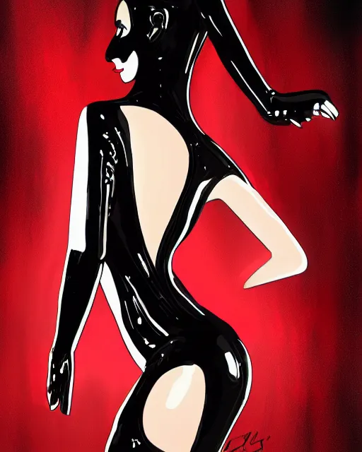 Image similar to Digital painting of a female model posing in a black latex dress, gothic, short red hair, black and red tones, dramatic background, concept art