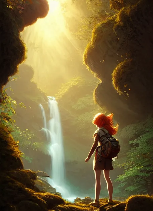 Image similar to detailed intricate digital illustration by greg rutkowski and artgerm and wlop and sanford robinson gifford ; young red - haired explorer girl with a backpack, ancient forest, shimmering waterfall in background ; 1 3 mm film, arri alfa anamorphic lens ; sharp focus, golden hour lighting, trending on artstation 4 k