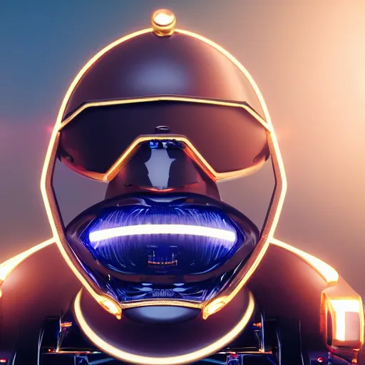 Prompt: robot, LEDs, gold grill, big smile, expressive, wearing mirrored sunglasses, photo realistic, dramatic cinematic lighting, octane render, 4k, ultra detailed