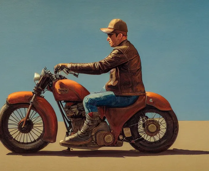 Image similar to a very detailed painting of a man wearing a leather jacket, riding a motorbike, harley davidson motorbike, front view, very fine brush strokes, in the style of edward hopper and grant wood and syd mead, 4 k,