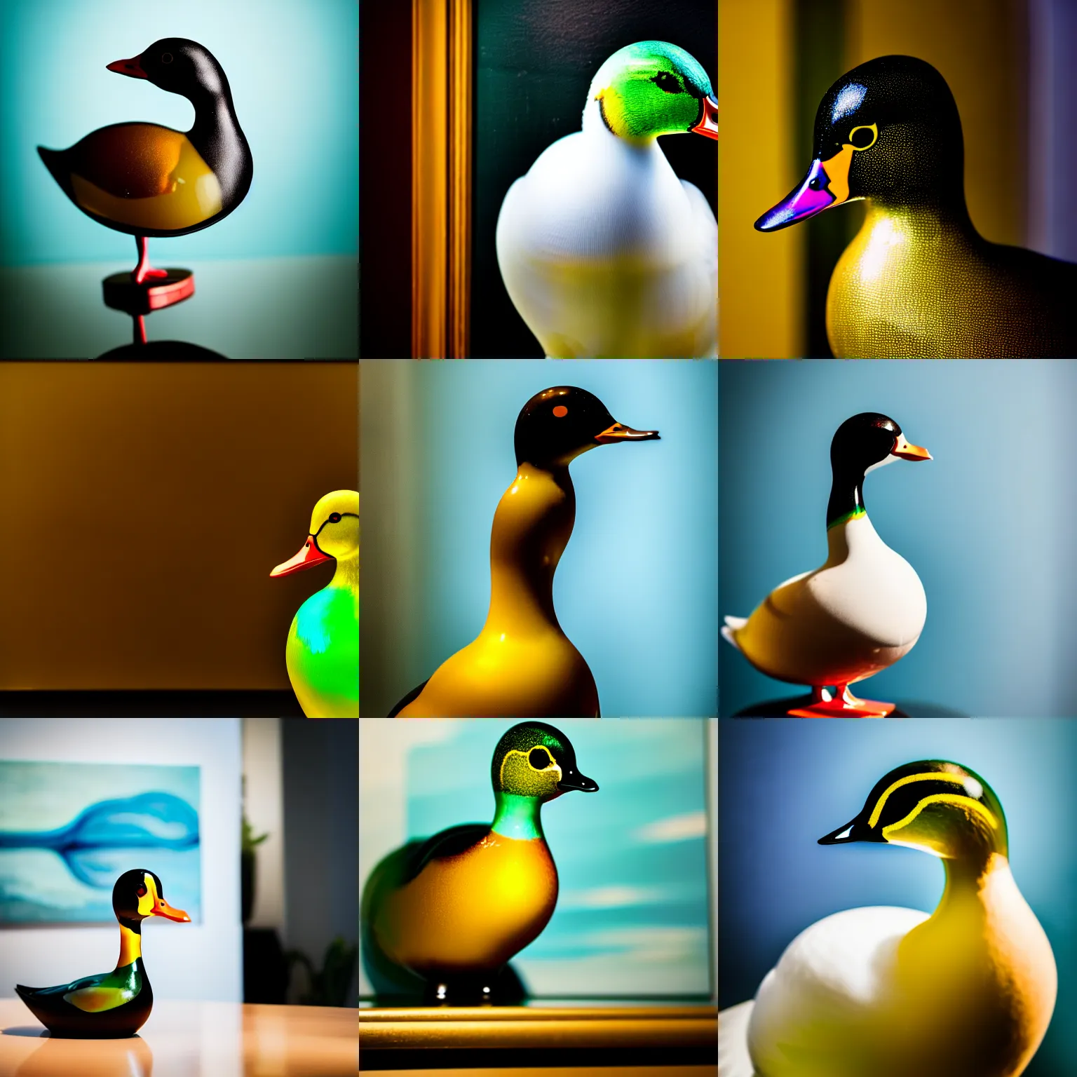 Prompt: a close up photo of a transparent [ glass duck in front of a painting ], professional photography, sigma 8 5 mm f / 8