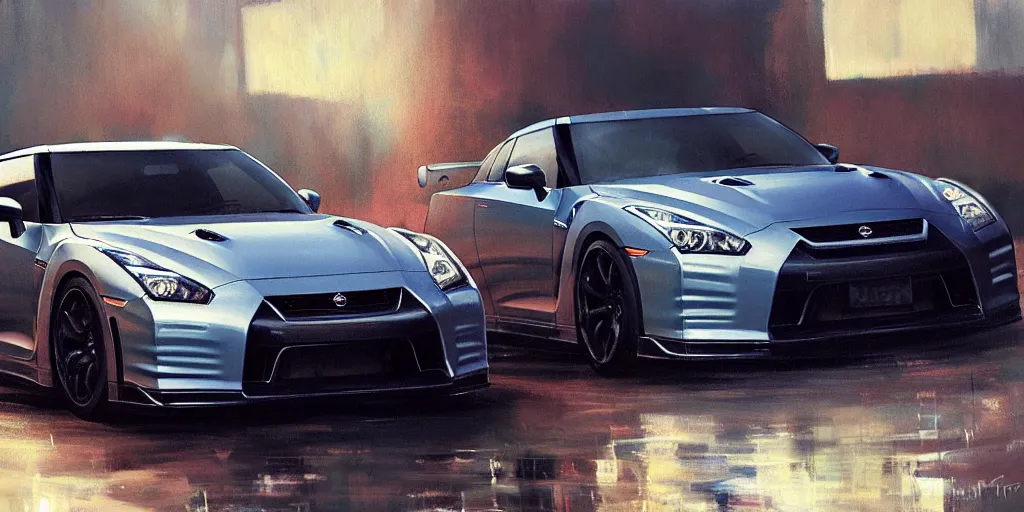 Image similar to A ultradetailed beautiful panting of Nissan GTR, Oil painting, by Ilya Kuvshinov, Greg Rutkowski and Makoto Shinkai