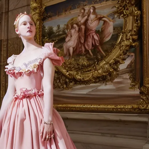 Image similar to Young lady full length shot wearing valentino resort sleeveless dress pink flowers in the style of baroque realism standing inside lourve, 8K, background renaissance paintings with gold