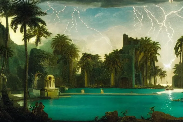 Image similar to Palace of the chalice, refracted sparkles, thunderstorm, greek pool, beach and Tropical vegetation on the background major arcana sky and occult symbols, by paul delaroche, hyperrealistic 4k uhd, award-winning, very detailed paradise
