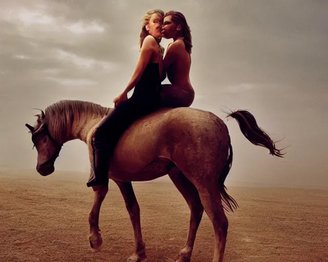 Prompt: photo of a woman riding a unicorn, photo by annie liebovitz