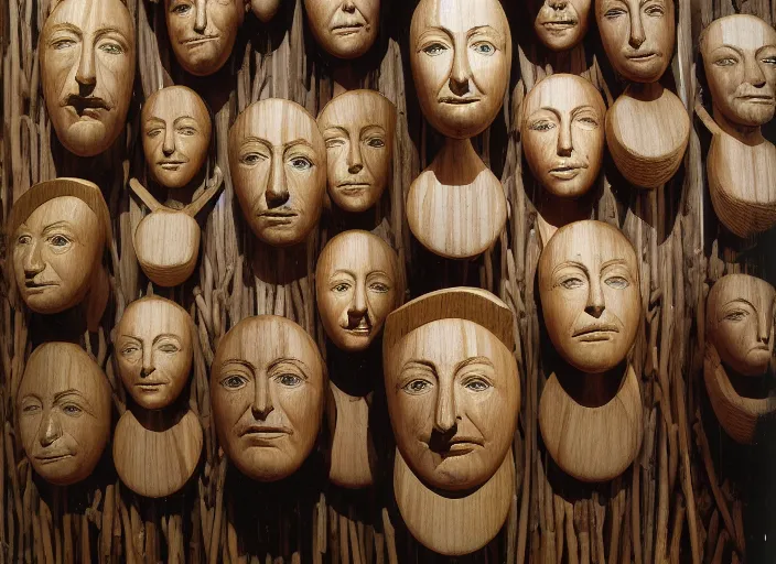 Prompt: realistic photo portrait of the a sculpture of a group portrait of heads with long beaks made of wood, eyes made of caviar poorly designed in style of arte povera, fluxus, dadaism, joseph beuys, ugly made, low quality standing in the wooden polished and fancy expensive wooden museum interior room 1 9 9 0, life magazine reportage photo