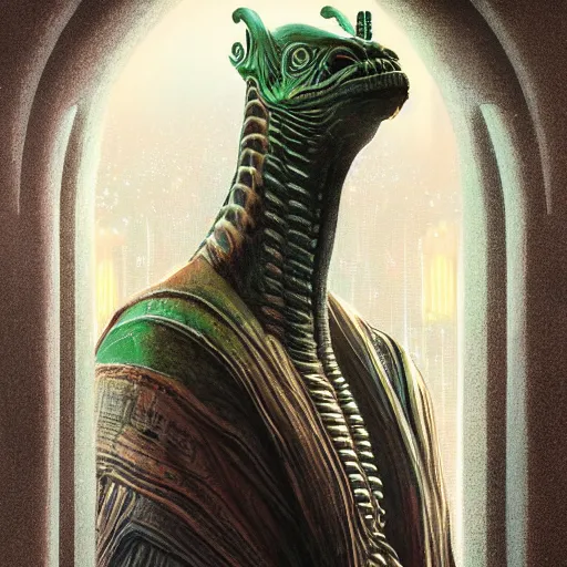 Image similar to portrait of tall, long-necked lipless mutant with scaled face and serpent eyes wearing gauze toga and standing in cyberpunk art deco mosque, alien bestiary by Barlowe, Greg Rutkowski, and Yoshitaka Amano