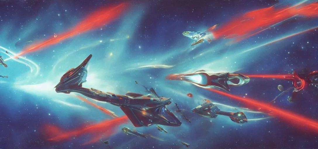 Prompt: a starship and spaceship battle frozen in time, red lasers blasting, amidst a blue nebulae, cinematic framing, in the style of roger dean