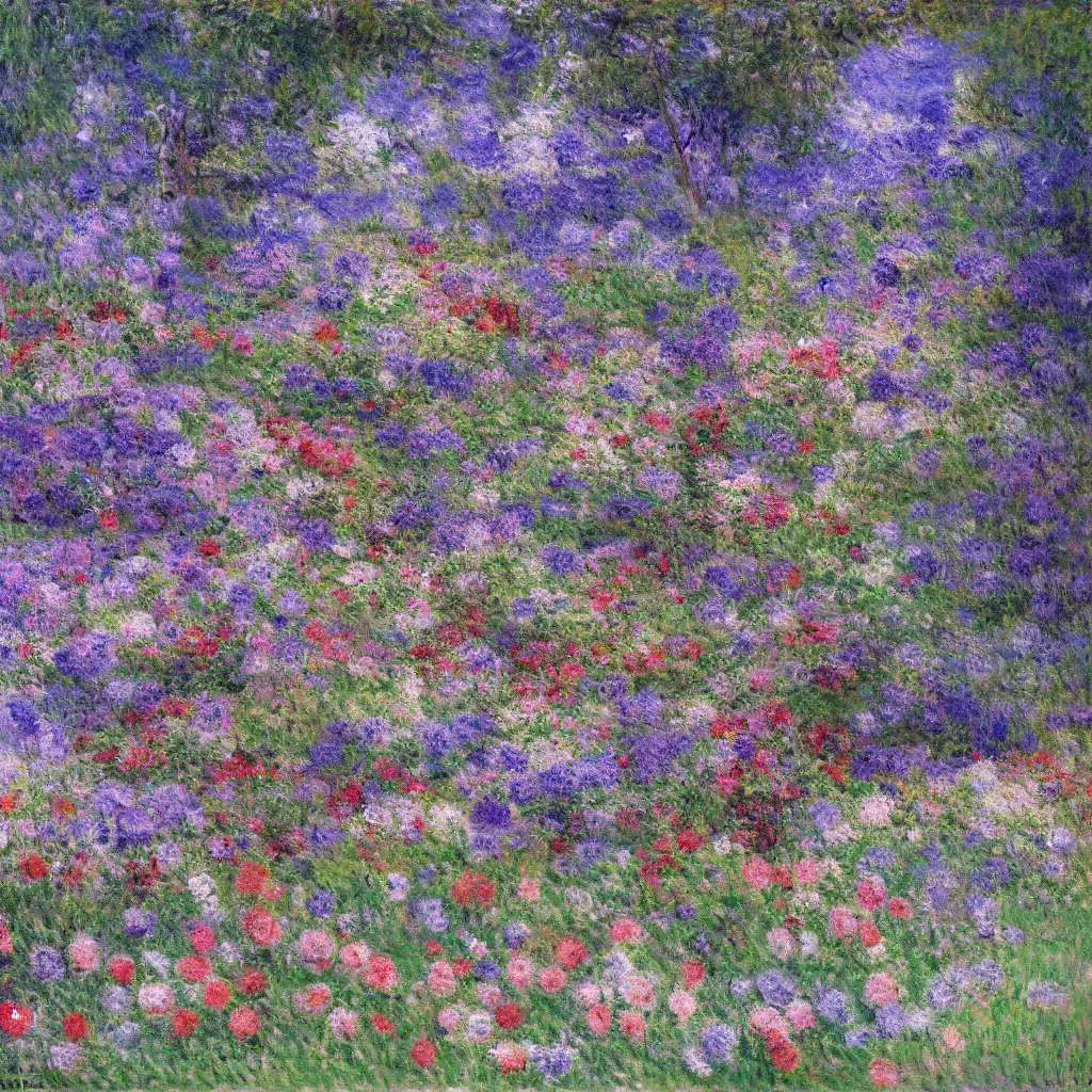 Image similar to a gorgeous garden on the edge of a cliff filled with beautiful flowers of blue and violet and pink from all around the world, monet