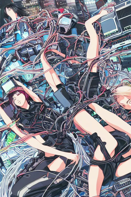 Image similar to cyberpunk anime illustration of a group of female androids lying on an empty white floor in various poses with their bodies open showing a tangled mess of wires and cables coming out, by katsuhiro otomo and masamune shirow, hyper-detailed, colorful, beautiful, bird view