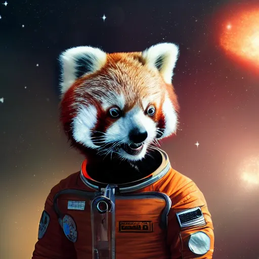 Image similar to red panda in a spacesuit in space having an epiphany nebula in the background, trending on artstation, highly detailed