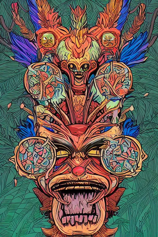 Image similar to animal mask totem roots flower tribal feather gemstone plant wood rock shaman vodoo video game vector cutout illustration vivid multicolor borderlands comics by josan gonzales and dan mumford radiating a glowing aura